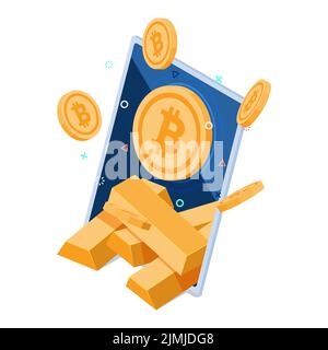 Flacher 3D Isometrischer Bitcoin mit Goldbarren im Smartphone. Bitcoin wird oft als Digital Gold bezeichnet. Kryptowährung und Blockchain Technology Conc Stock Vektor
