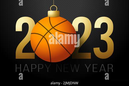 Basketball 2023 Frohes neues Jahr. Sport-Grußkarte mit goldenem Basketballball auf dem luxuriösen Hintergrund. Vektorgrafik. Stock Vektor