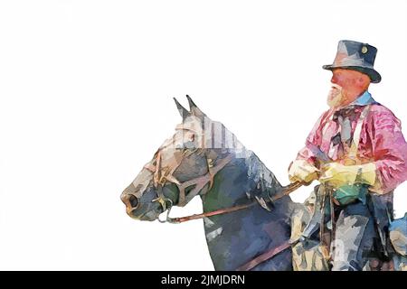 Digitale Porträtmalerei eines Mannes in alter westlicher Cowboy-Kleidung, der auf einem Pferd reitet, isoliert auf einem weißen Hintergrund mit Platz für Text Stockfoto