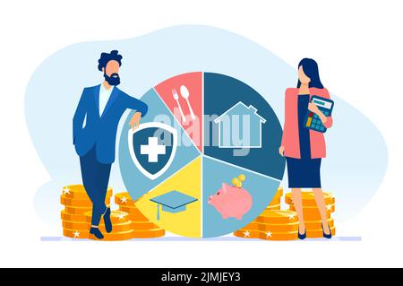 Konzept des Ertrags- und Ausgabenmanagements. Vektor einer jungen Familie, die monatliche Ausgaben und Budgets plant Stock Vektor