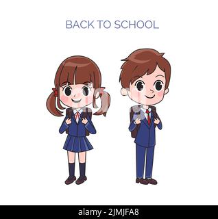 Illustration von isolierten Jungen und Mädchen in japanischer Schuluniform Stock Vektor