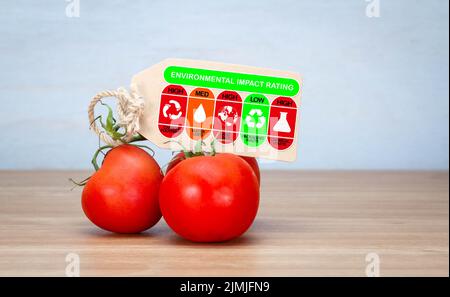 Nachhaltigkeitsbewertung von Tomaten für CO2-Fußabdruck, Wasserverbrauch, Landnutzung, Verpackungsabfall und Etikett für chemische Abfälle. Produktskala auf Rating-Index. Stockfoto