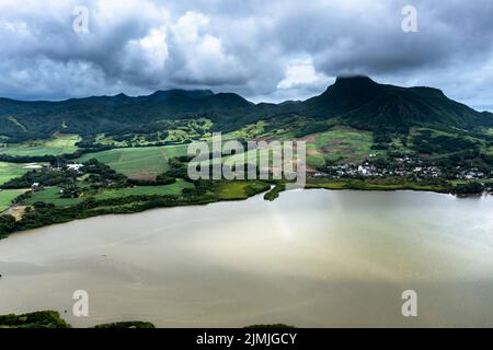 Luftaufnahme, Zuckerrohrfelder im Grand Port, ile Chat, Mauritius, Afrika Stockfoto