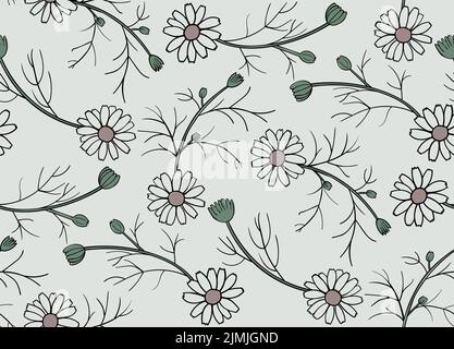 Nahtlose Daisy-Muster. Schwarze Kontur auf weißem Hintergrund. Einfache Vektordarstellung Stock Vektor