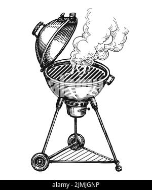 BBQ Grill. Holzkohlegrill-Brazier mit Rauch. Kebab, Konzept für gegrillte Speisen. Skizzenvektordarstellung isoliert Stock Vektor