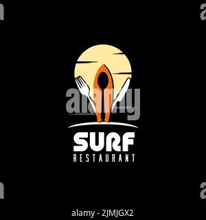 Logo-Design mit Sonne, Besteck und Surfbrett für Beach Restaurant Stock Vektor