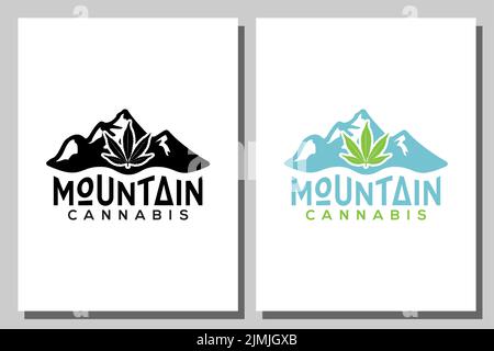 Mountain Peaks mit Cannabis Marihuana Topf Hanf für den Anbau cbd Logo Design Stock Vektor