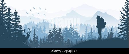 Horizontales Banner. Silhouette des Touristen mit Rucksack steht auf der Wiese im Wald, beobachten Hirsch. Berge und Bäume im Hintergrund. Magisches, nebliges Land Stock Vektor