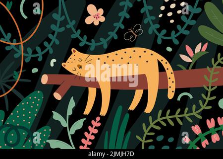 Leopard im Dschungel, jaguar schläft auf einem Baumzweig im dichten Regenwald mit tropischen Pflanzen, niedlichen gefleckten Katzen, exotischer Landschaft. Vektorgrafik Stock Vektor