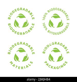 Biologisch abbaubares Etikett in grün mit Blatt und Kreis. Öko-Verpackung recyclebares Symbol. Stock Vektor