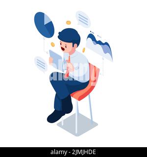 Flat 3D Isometric Businessman Analysing Financial Charts and Graphs on Digital Tablet. Geschäfts- und Finanzanalysekonzept. Stock Vektor