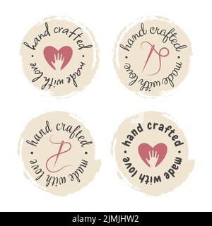 Handgemachtes Grunge Kreis Label Set. Handgefertigt und gefertigt mit Love Lettering Stempel Set, trocken Pinsel Vektor. Stock Vektor