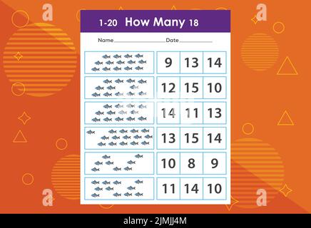 Wie viele Fische Aufgabenarbeitsblatt. Lernspiele für Kinder Stock Vektor