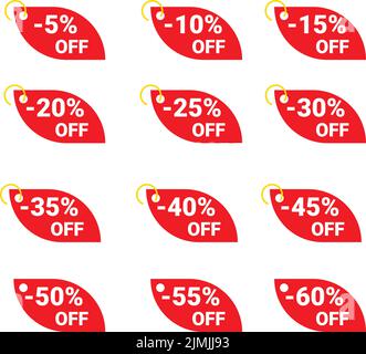 Eine digitale Illustration von Online-Shopping-Tags mit rotem Rabatt in Prozent Stock Vektor