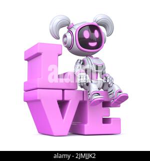 Niedliche rosa Mädchen Roboter sitzt auf LIEBE Wort 3D Stockfoto