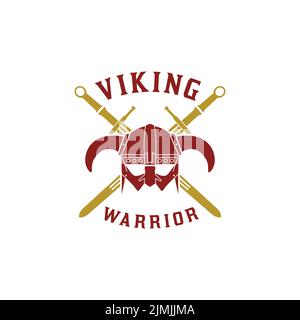 Ancient Warrior Helm Rüstung von Viking und gekreuzte Schwerter Logo Design Stock Vektor