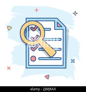 Cartoon Dokumentsymbol im Comic-stil. Dokument Dateien zoom Abbildung Piktogramm. Mit Checkliste Zeichen splash Geschäftskonzept Lupe. Stock Vektor