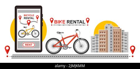 Fahrradverleih, öffentliche Fahrrad-Sharing-App. Fahrradstellplätze, Mietstation. Radtour. Mieten Sie Stadtverkehr. Radroute verfolgen. Vektor Stock Vektor