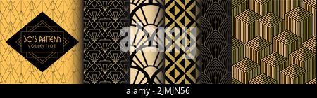 30er Jahre Kollektion von nahtlosen Mustern | Set von abstrakten Art Deco Vektorgrafiken im Retro Vintage Stil für Bekleidung | Flyer. Poster, Bannerelemente Stock Vektor