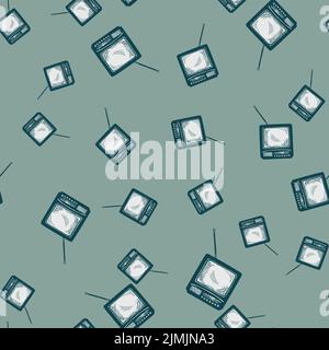 Retro-Fernseher mit gravierten, nahtlosen Antennenmustern. Vintage-Fernseher im handgezeichneten Stil. Skizzenstruktur für Stoff, Tapete, Textil, Druck, Titel, Stock Vektor