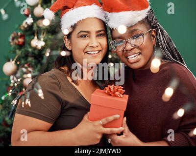 Geschenke sind toll, aber Liebe bedeutet am meisten. Porträt zweier glücklicher junger Frauen, die zu Hause Weihnachten feiern. Stockfoto