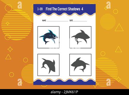 Finden Sie den richtigen Schatten. Arbeitsblatt zur Entwicklung von Schulungen. Passende Spiel für Kinder. Stock Vektor