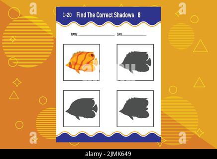 Finden Sie den richtigen Schatten. Arbeitsblatt zur Entwicklung von Schulungen. Passende Spiel für Kinder. Stock Vektor