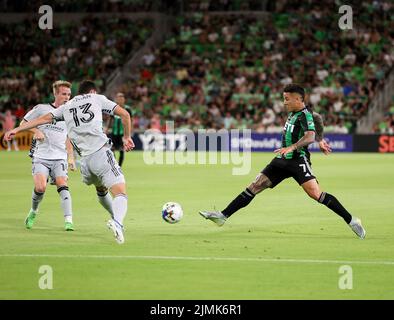 Austin, Texas, USA. 6. August 2022. Austin FC Forward SebastiÃ¡n Driussi (7) spielt am 6. August 2022 bei einem Major League Soccer-Spiel in Austin, Texas. Das Spiel endete in einem Unentschieden von 3-3. (Bild: © Scott Coleman/ZUMA Press Wire) Stockfoto