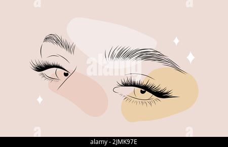 Minimalistische weibliche Augen auf farbigen Flecken. Lineare Frauen Wimpern und Augenbrauen. Vektordarstellung in einem Linienzeichungsstil. Perfekt für das Logo Stock Vektor