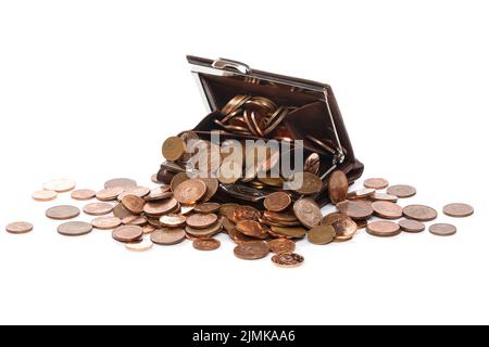 Ledergeldbörse mit vielen Eurocent-Münzen Stockfoto