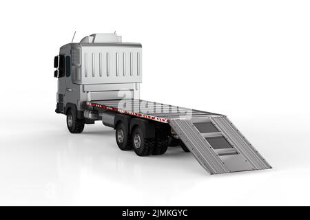 3D Rendering logistic Flachbett Anhänger LKW oder LKW auf weißem Hintergrund Stockfoto