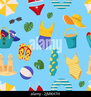 Set von niedlichen Sommer-Elemente: Surfbrett, Cocktail, Tasche, Hut, Palme, Bikini, Flip Flops, Sonnenschirm, Ball, Sandburg, rettungsring. Sommer Stock Vektor