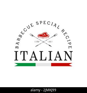 Vintage Italienischer Grill Barbeque Logo mit Fleisch Steak Icon Design Stock Vektor