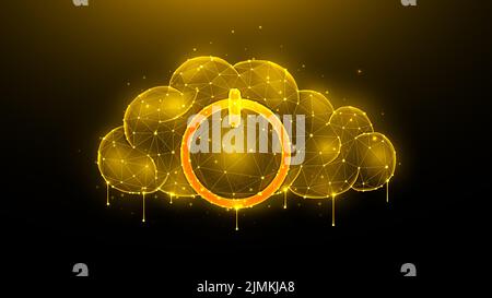 Polygonale Vektordarstellung einer Wolke mit einem Power-Symbol auf dunklem Hintergrund. Das Konzept von Netzwerk- und Cloud-Computing. Stockfoto