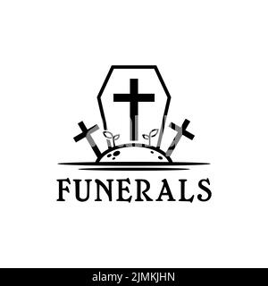 Trauerfriedhof-Logo Mit Kreuz- Und Coffin-Design-Inspiration Stock Vektor