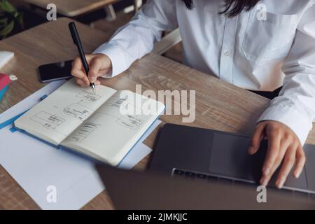 Nahaufnahme der Hände einer Geschäftsfrau, die mit der Computertastatur arbeitet und im Büro Notizen macht Stockfoto