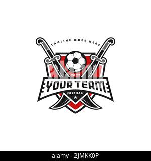 Football Soccer Club Emblem Logo-Design mit gekreuzten Schwerts Stock Vektor