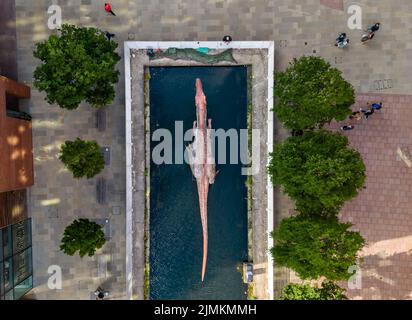 Ein animierter Spinosaurus im Leeds und Liverpool Canal bei Granary Wharf in Leeds während des Leeds Jurassic Trail. Bilddatum: Donnerstag, 4. August 2022. Stockfoto