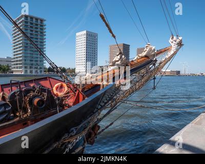 Antwerpen, Belgien, 24. Juli 2022, Hochschiffrennen, Der Bug des Brigschiff Roald Amundsen wurde einst als deutsches Armeeschiff gebaut Stockfoto