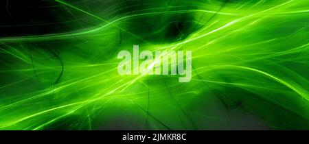 Grün leuchtendes Plasma-Garn aus Raumzeit, dunkler Materie und Energie, computergenerierter abstrakter Hintergrund, 3D Render Stockfoto