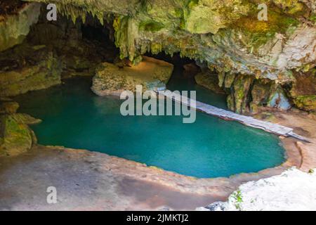 Erstaunlich blau türkisfarbenes Wasser und Kalkstein Höhle Sinkhole Cenote Mexiko. Stockfoto