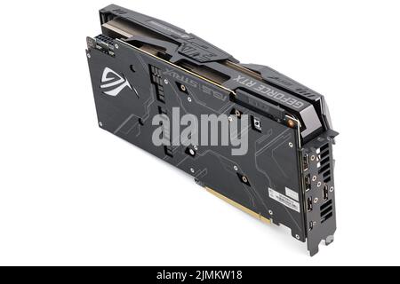 Große schwarze moderne Gaming-Grafikkarte auf weißem Hintergrund isoliert Stockfoto