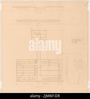 Poelzig Hans (1869-1936), Tonfilmatelier, Berlin-Gatow (04.11.1930): Kopieranstalt: Ansichten, Grundrisse 1: 200. Leichter Bruch auf Papier, 42,2 x 40,8 cm (einschließlich Scankanten) Stockfoto