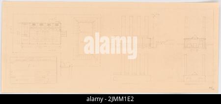Poelzig Hans (1869-1936), Tonfilmatelier, Berlin-Gatow (5. November 1930): Heizwerk: Vorderansicht, Seitenansicht, Schnitt und Grundriß 1: 200. Leichter Bruch auf Papier, 27,2 x 64,1 cm (einschließlich Scankanten) Stockfoto