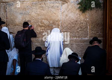 Jerusalem, Israel. 07. August 2022. Juden beten an der westlichen Mauer, im Islam als die Buraq-Mauer bekannt, während des heiligen Tages Tisha B'AV, einem Tag, an dem die Zerstörung der alten Tempel Jerusalems gedenkt. Quelle: Ilia Yefimovich/dpa/Alamy Live News Stockfoto