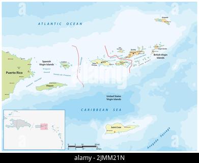 Vektorkarte der britischen, spanischen und amerikanischen Jungferninseln Stockfoto