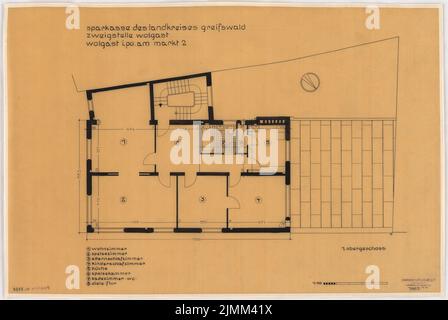 Poelzig Hans (1869-1936), Kreissparkasse Wolgast (1931): Vorentwurf, Grundriß 1. Stock 1:50. Tinte auf Transparent, 47 x 70,2 cm (einschließlich Scankanten) Stockfoto