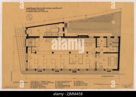 Poelzig Hans (1869-1936), Kreissparkasse Wolgast (1931): Vorentwurf, Grundriß EG 1:50. Tinte auf Transparent, 46,9 x 70 cm (einschließlich Scankanten) Stockfoto