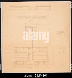 Poelzig Hans (1869-1936), Tonfilmatelierin, Berlin-Gatow (04.11.1930): Kopie: Grundriß, Ansichten 1: 200. Farbstift über einem Bruch auf Papier, 42,8 x 42 cm (einschließlich Scankanten) Stockfoto