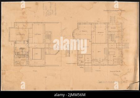 Poelzig Hans (1869-1936), Kunst- und Handelsausstellung 1904 in Breslau. Einfamilienhaus (15. März 1904): Grundriß Erdgeschoss, 1.. Stock 1: 100. Leichter Bruch auf Papier, 72,5 x 110,5 cm (einschließlich Scankanten) Stockfoto